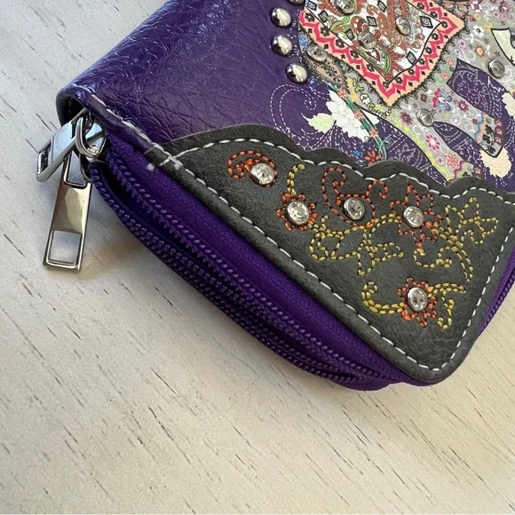 Purple Western Style Studded Wallet Bohemian Elephant Double Zipper Wristlet New - Picture 9 of 11